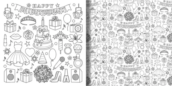 Chica cumpleaños doodle objtcts conjunto y patrón sin costuras — Archivo Imágenes Vectoriales