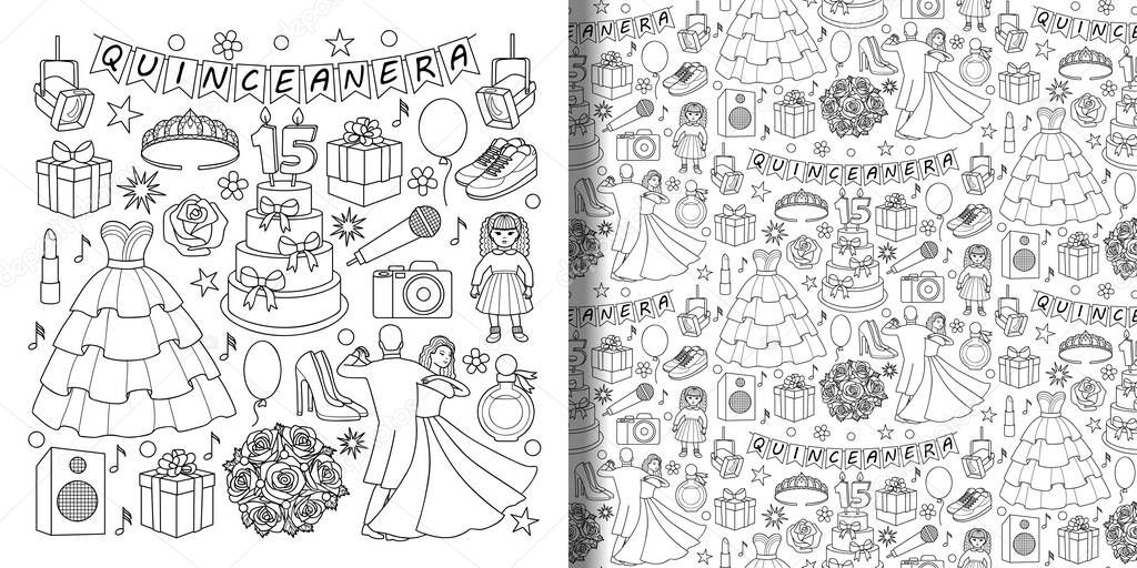 Quinceanera doodle objects set and seamless pattern
