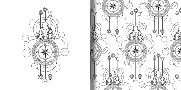 Bússola de impressão e conjunto de padrão sem costura — Vetor de Stock