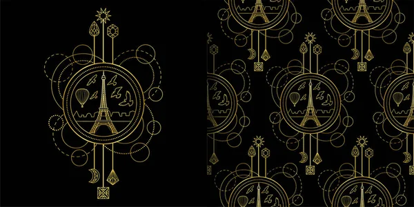 Imprimé Tour Eiffel en or et motif sans couture — Image vectorielle