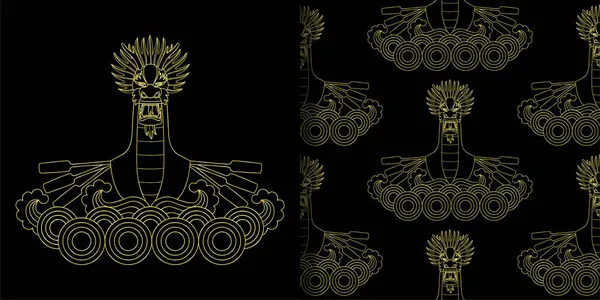 Impresión Dragon Gold Boat y conjunto de patrones sin costuras — Vector de stock