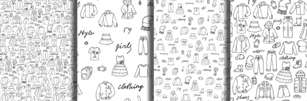 Roupas infantis e lettering doodle sem costura padrões definidos — Vetor de Stock