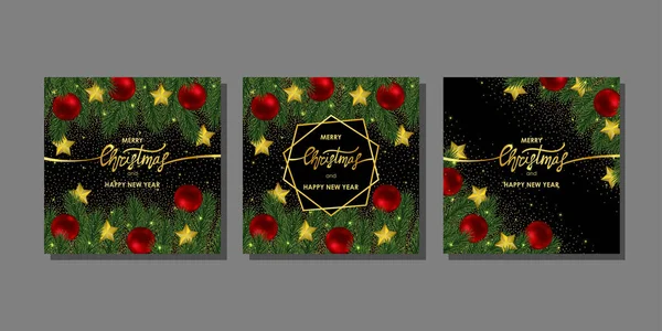 Kerst- en nieuwjaarskaarten met gouden letters — Stockvector