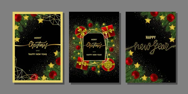 Kerst- en nieuwjaarskaarten met gouden letters — Stockvector