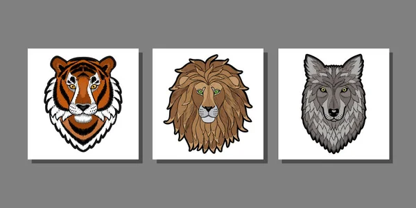 Leão-tigre-de-bordado, conjunto de impressões da cabeça de lobo —  Vetores de Stock