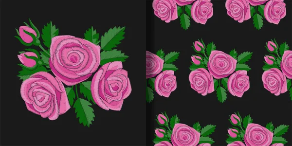 Rose Rose Broderie imprimé et motif sans couture ensemble — Image vectorielle