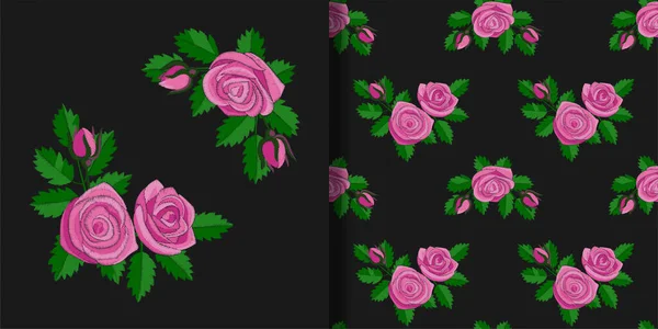 Rose Rose Broderie imprimé et motif sans couture ensemble — Image vectorielle