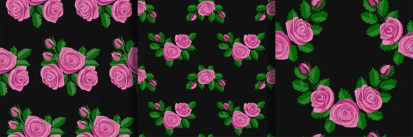 粉色玫瑰绣花无缝花纹套装 — 图库矢量图片