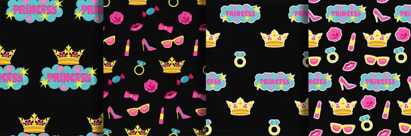 Prinzessin Mode Stickerei nahtlose Muster gesetzt — Stockvektor