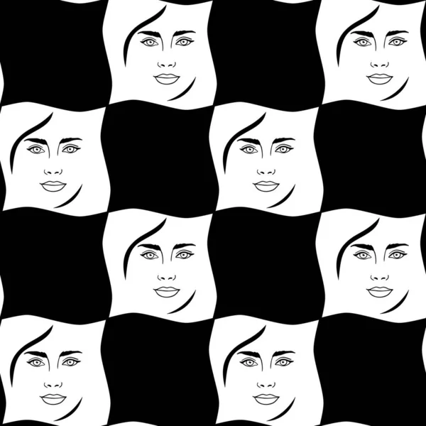 棋盘背景上有女性面孔的抽象无缝图案 重复黑白纺织品印花的概念 — 图库矢量图片