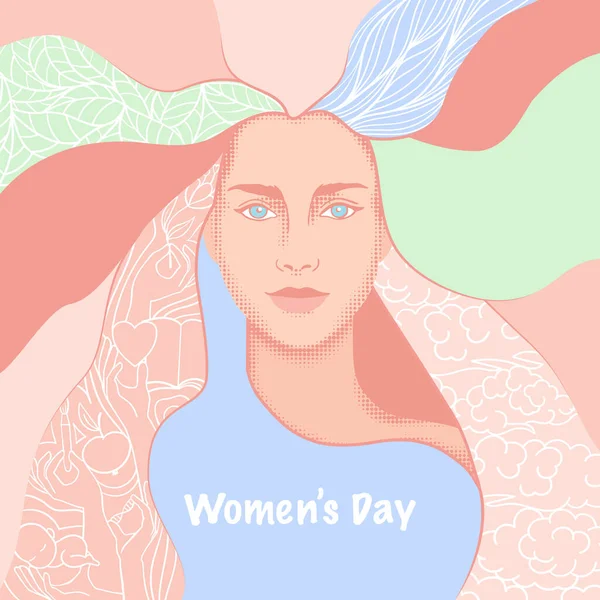 摘要用妇女的头和有图案的头发作摘要说明 妇女日打印的T恤衫 免版税图库矢量图片