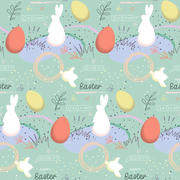 Szczęśliwego Wielkanocy ręcznie rysowane bezszwowy wzór z jaj i królików — Wektor stockowy