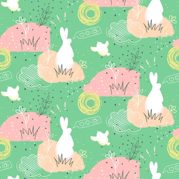 Modèle abstrait sans couture dessiné à la main avec des lapins — Image vectorielle