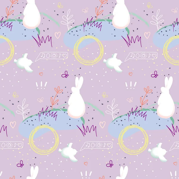 Handritat abstrakt sömlöst mönster med kaniner — Stock vektor