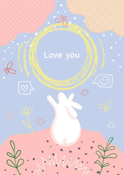 Cobre conjunto doodle desenhado à mão com coelhos — Vetor de Stock