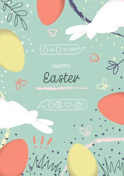 Frohe Ostern handgezeichnet Cover mit Eiern und Hase — Stockvektor