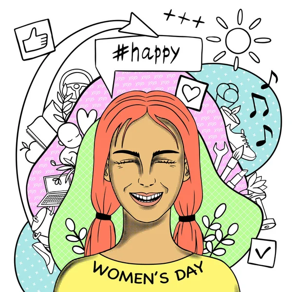 Happy Womens Day creative conceptual modern hand drawn doodle portrait Stock Vector