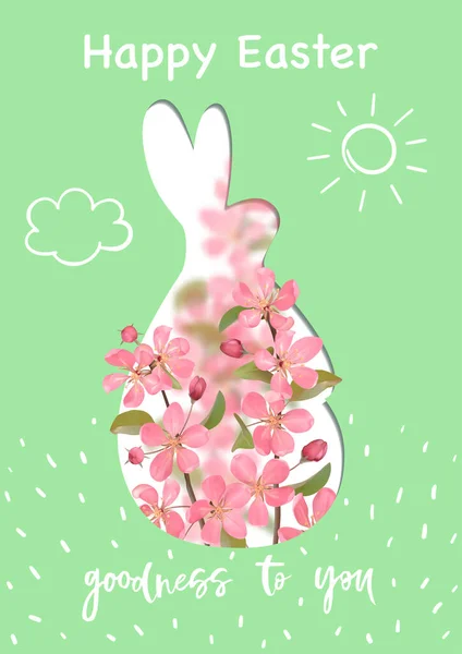 Happy Easter Cover with rabbit and realistic cherry blossom Royalty Free Stock Illustrations