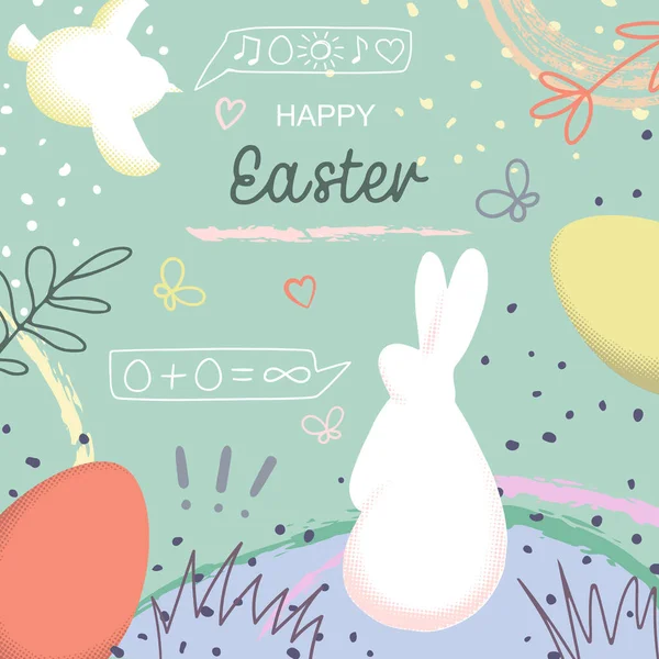 Happy Easter hand drawn Cover with eggs and rabbit Stock Vector