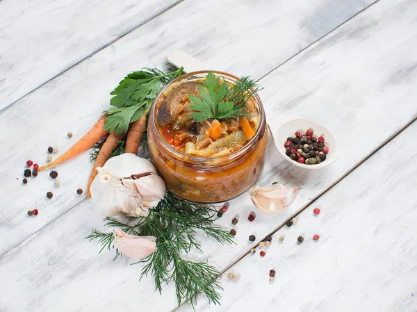 Eggplant caviar in a glass jar — Stock Photo, Image