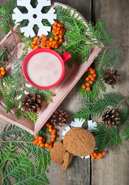 Composition de Noël avec des arbres, chocolat chaud et biscuit — Photo