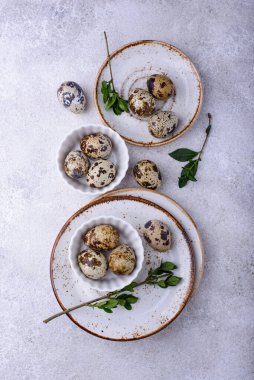 Arka planda bıldırcın yumurtaları olan bir kase