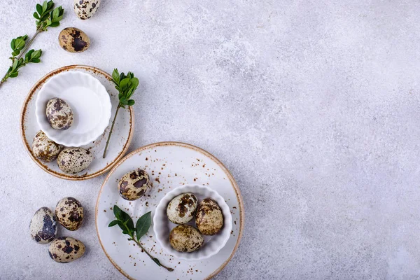 Bowl with quail eggs on light background - Stock-foto