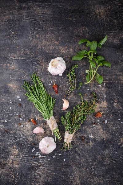 Romero, tomillo y albahaca. Hierbas frescas de jardín — Foto de Stock