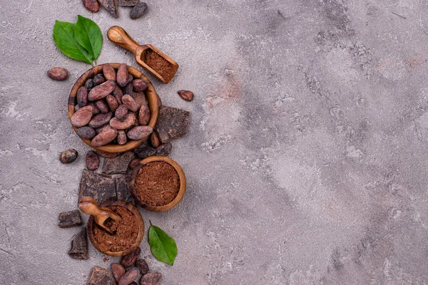 Bubuk Coklat Alami Biji Kakao Dan Potongan Cokelat Gelap — Stok Foto