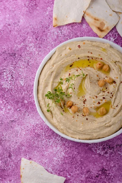 Hummus from chickpeas and pita flat bread. Healthy vegetarian food