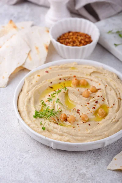 Hummus from chickpeas and pita flat bread. Healthy vegetarian food