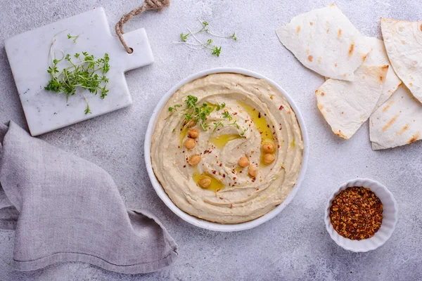 Hummus from chickpeas and pita flat bread. Healthy vegetarian food