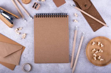 Eco wooden craft stationery. Sustainable zero waste natural life concept