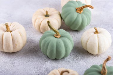 White and green decorative pumpkins. Autumn background