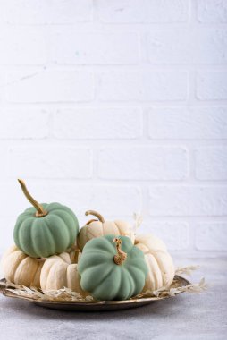 White and green decorative pumpkins. Autumn background
