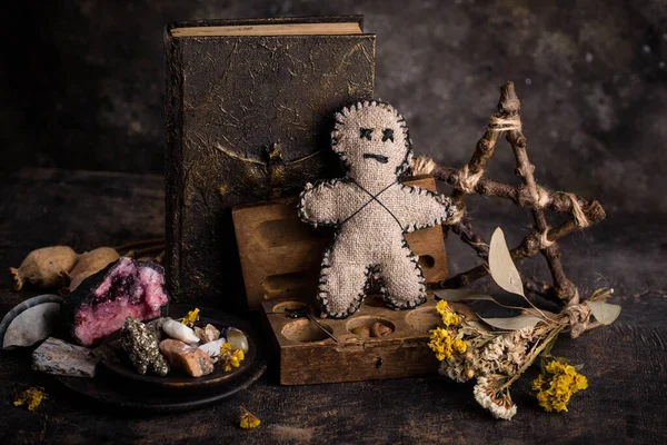 Voodoo doll. Black magic witch esoteric ritual. Halloween concept