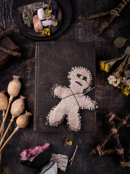 Voodoo doll. Black magic witch esoteric ritual. Halloween concept