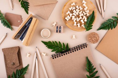 Eco wooden craft stationery. Sustainable zero waste natural life concept