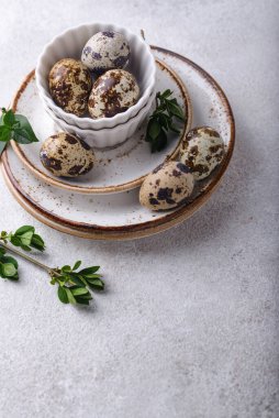 Arka planda çiğ bıldırcın yumurtası olan bir kase.