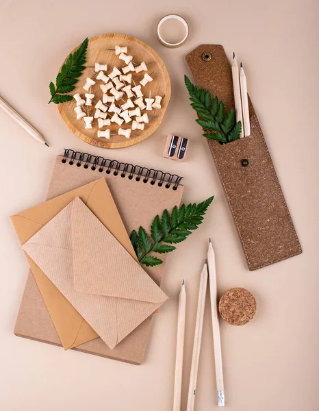 Eco wooden craft stationery. Sustainable zero waste natural life concept