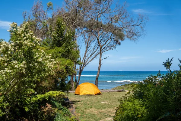 Gele Tent Bij Oceaan Great Ocean Walk Victoria Australië — Stockfoto