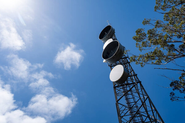 Looking Telecommunications Tower Blue Sky Copy Space Stock Image