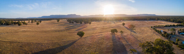 Australian Countryside Mountains Sunset Wide Aerial Panorama Stock Picture
