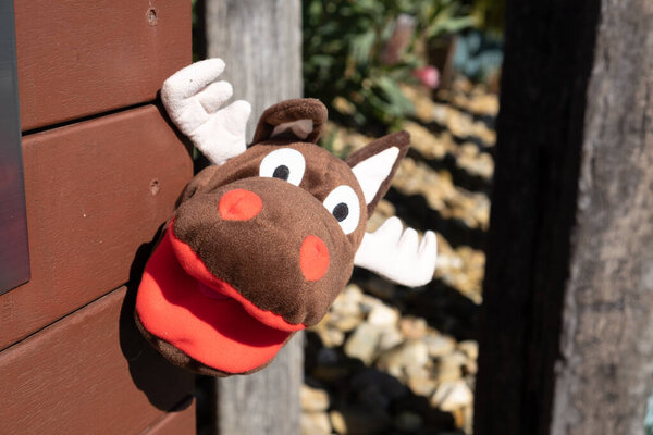 Funny Moose Puppet Outdoors Blurred Background Royalty Free Stock Photos