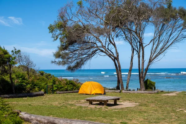 Bright Yellow Tent Great Ocean Walk Campground Victoria Australia Stock Photo