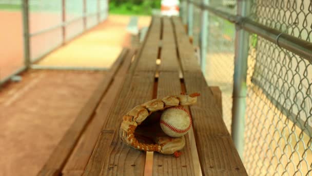 Youth Baseball Player Picks Glove Ball Team Dugout Bench — Stok video