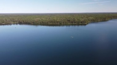 aerial view of the lake, forest and sky.