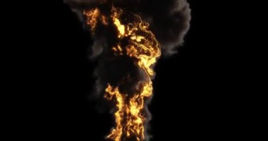 Karanlık arka planda dumanı olan gerçekçi bir alev. Orijinal ve yüksek kalite yanan ateş