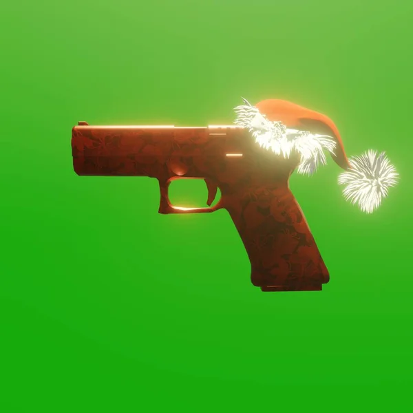 One Handed Firearm Christmas Theme Christmas Cap Green Background — Stock Photo, Image