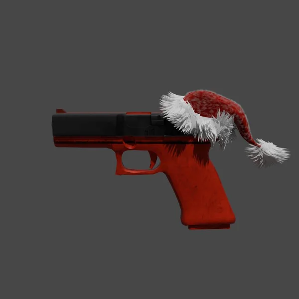 One Handed Firearm Christmas Theme Christmas Cap Green Background — Stock Photo, Image